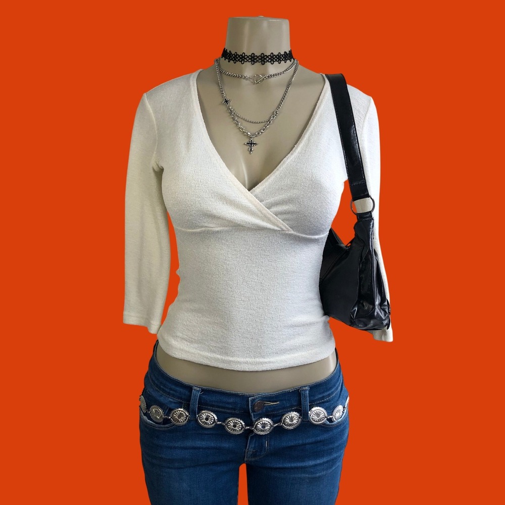 Vintage Y2K Cream Knit Surplice Wrap Top Womens XS / S 3/4 Sleeve Downtown Girl